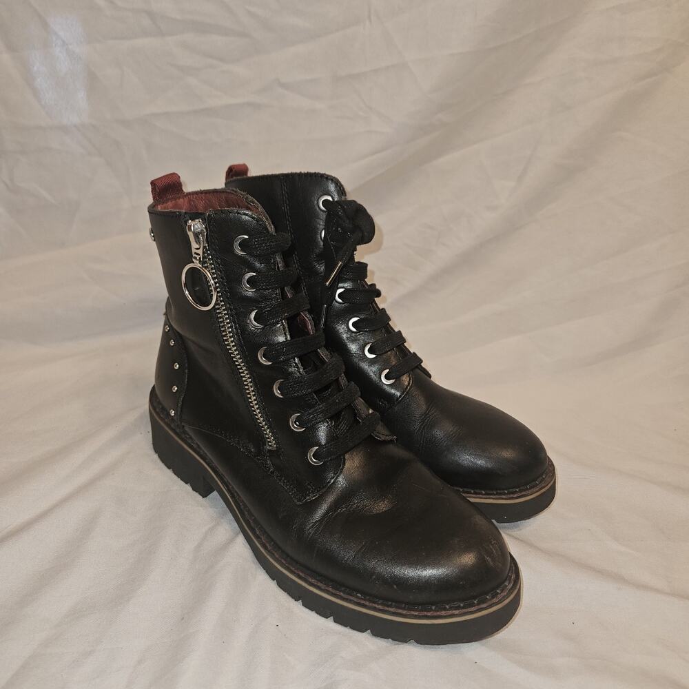 PIKOLINOS Black Leather Studded Ankle Boots Zip Up Women's Size 37 US 6.5-7